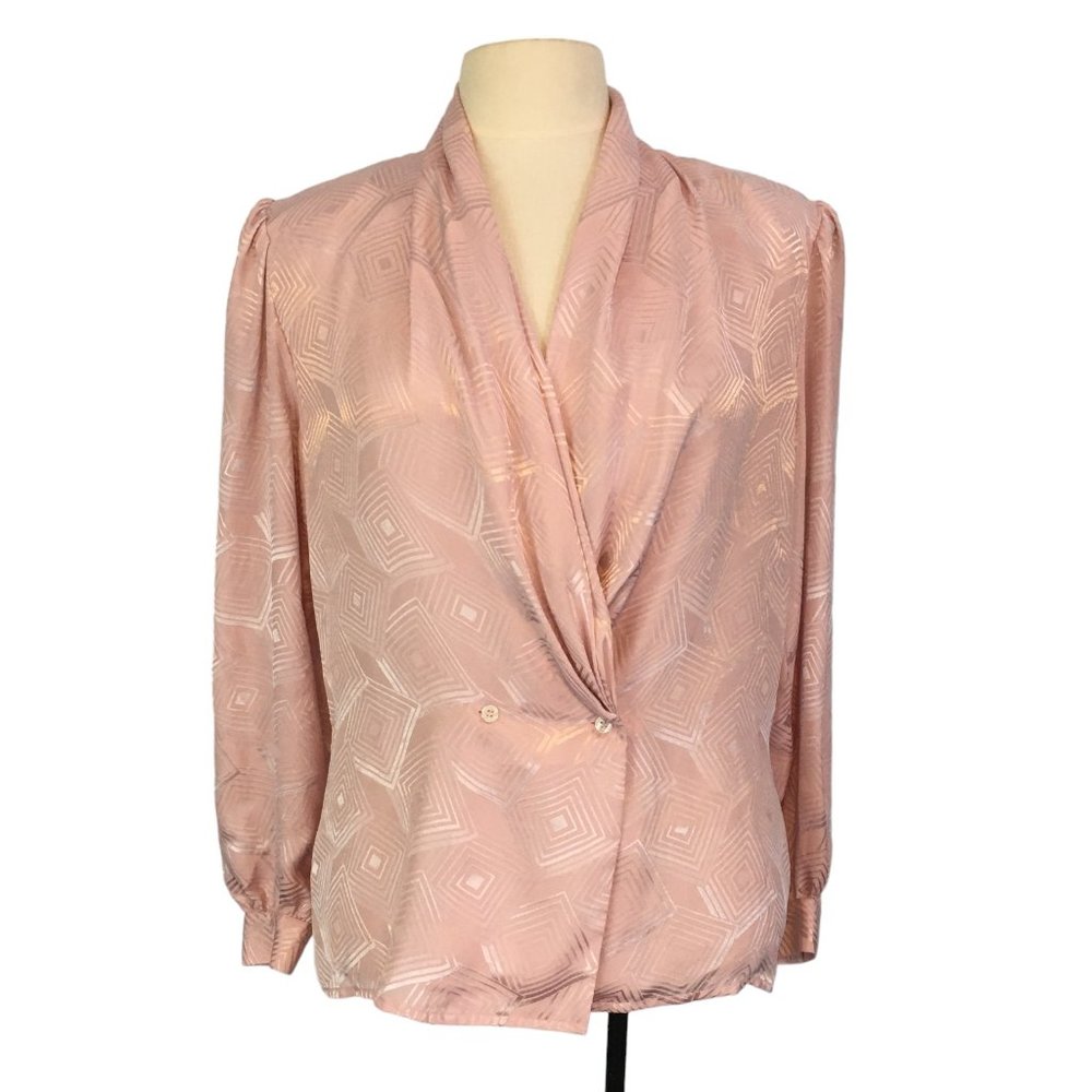 Evan Picone Vintage Pink Wrap Secretary Blouse, 80's, sz‎ 12, 40 bust